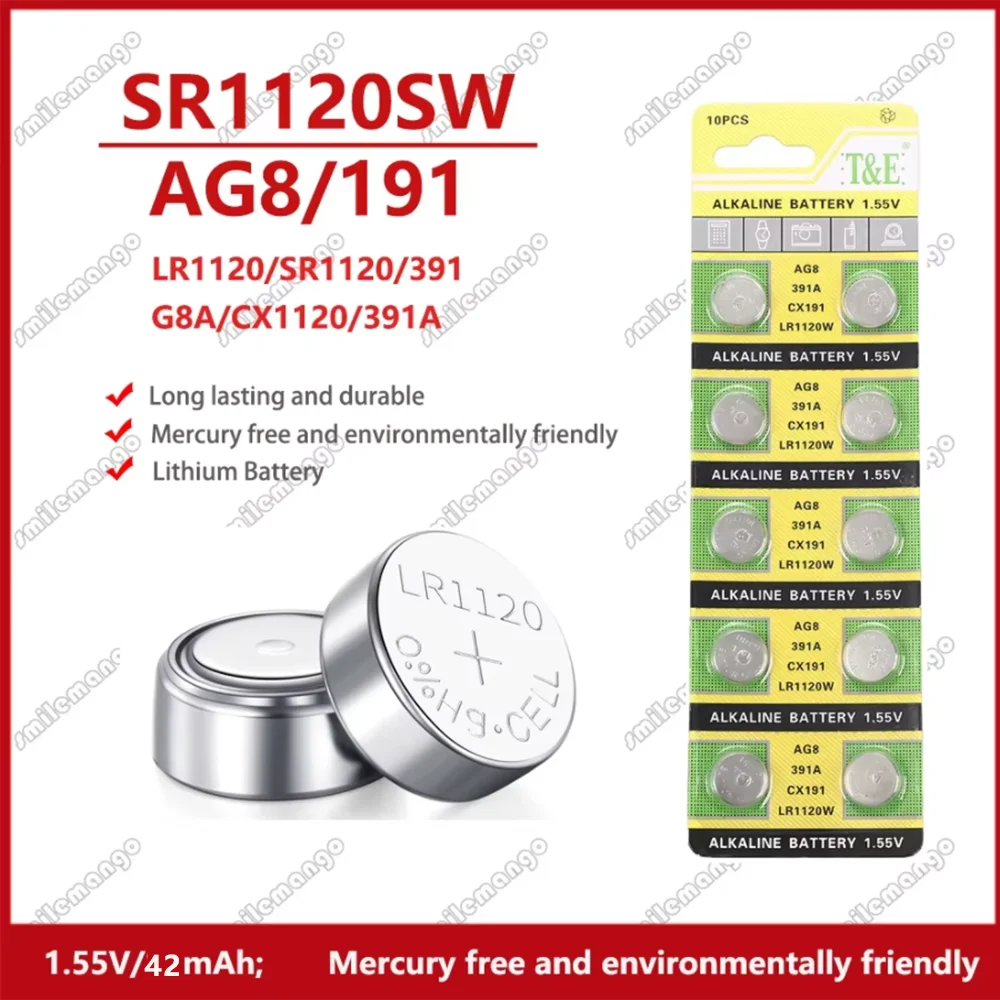 5 uds-10 Uds 1,55 V AG8 LR1120 391 SR1120 R1120W CX191 pilas de botón G8A 191 391A SR1120SW reloj de moneda de juguete batería remota