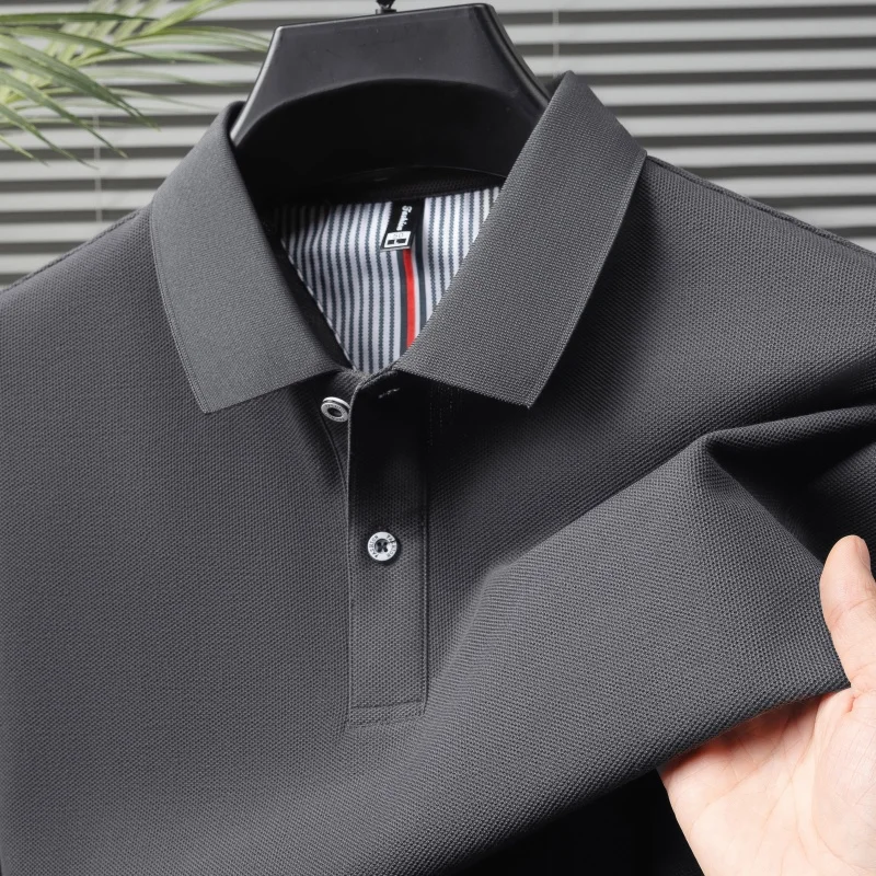 

100% pure cotton short sleeved men's polo shirt summer boutique fashion high-quality top solid color collar back striped T-shirt
