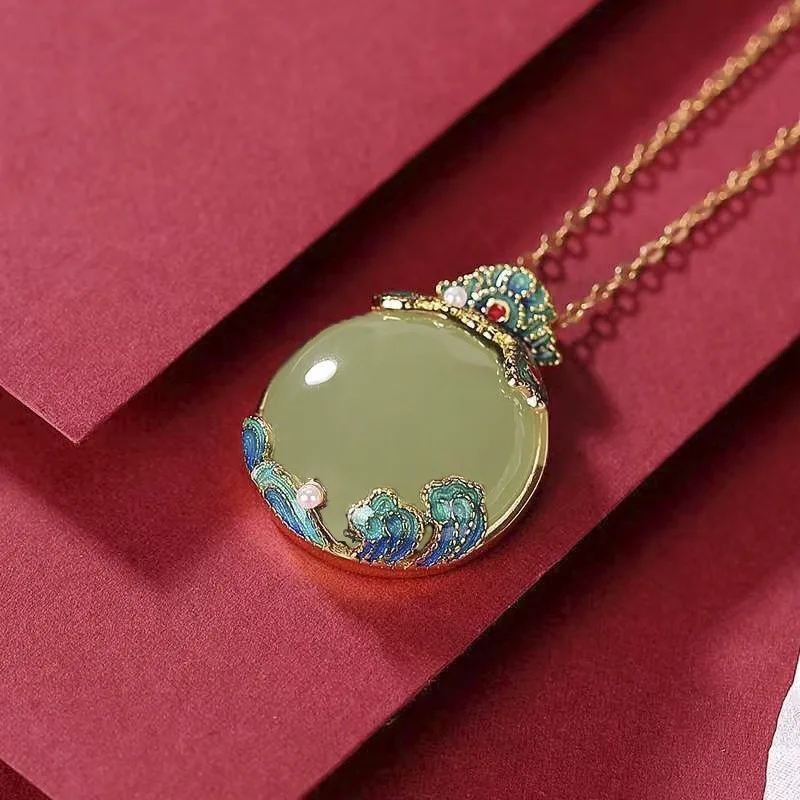 Cloisonne enamel auspicious clouds natural Hotan Jade jasper pearl pendant round necklace ethnic wedding jewelry for women