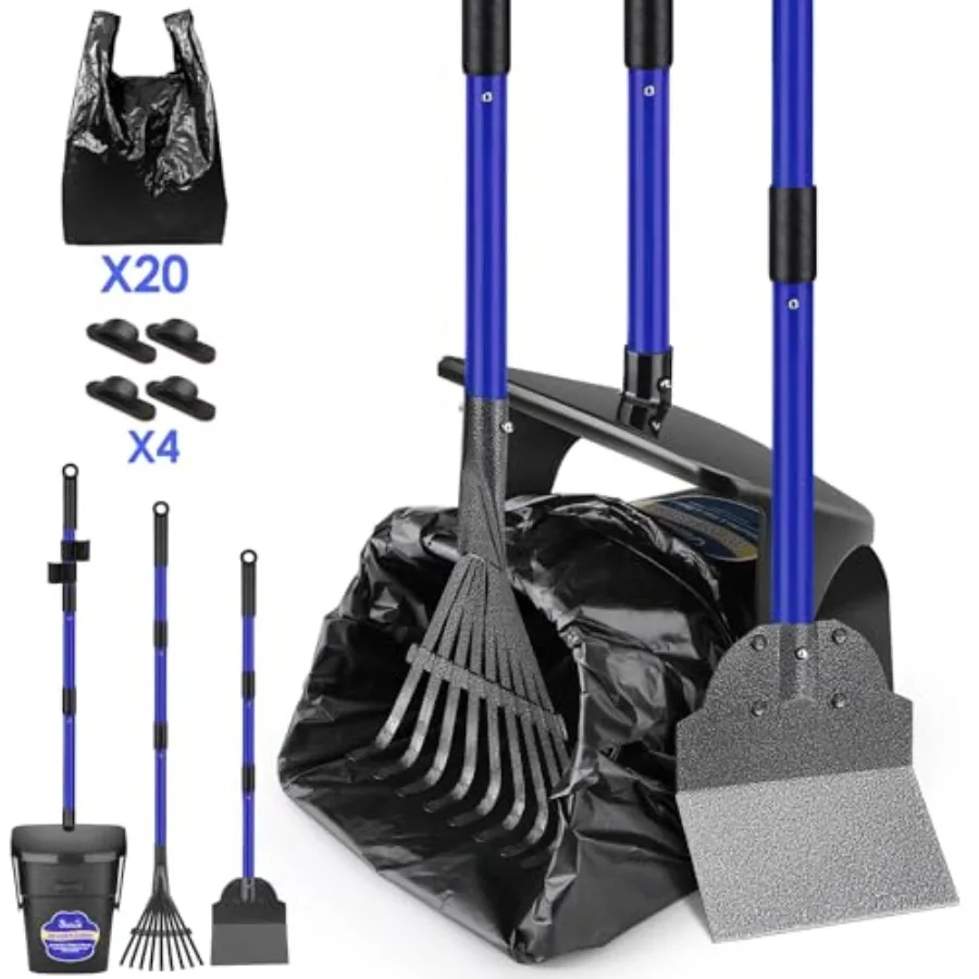 

Набор для уборки собачьих экскрементов: совок-лопатка с регулируемой металлической ручкой 37,4 дюйма, поворотный контейнер, 20 пакетов для отходов, портативный, небьющийся