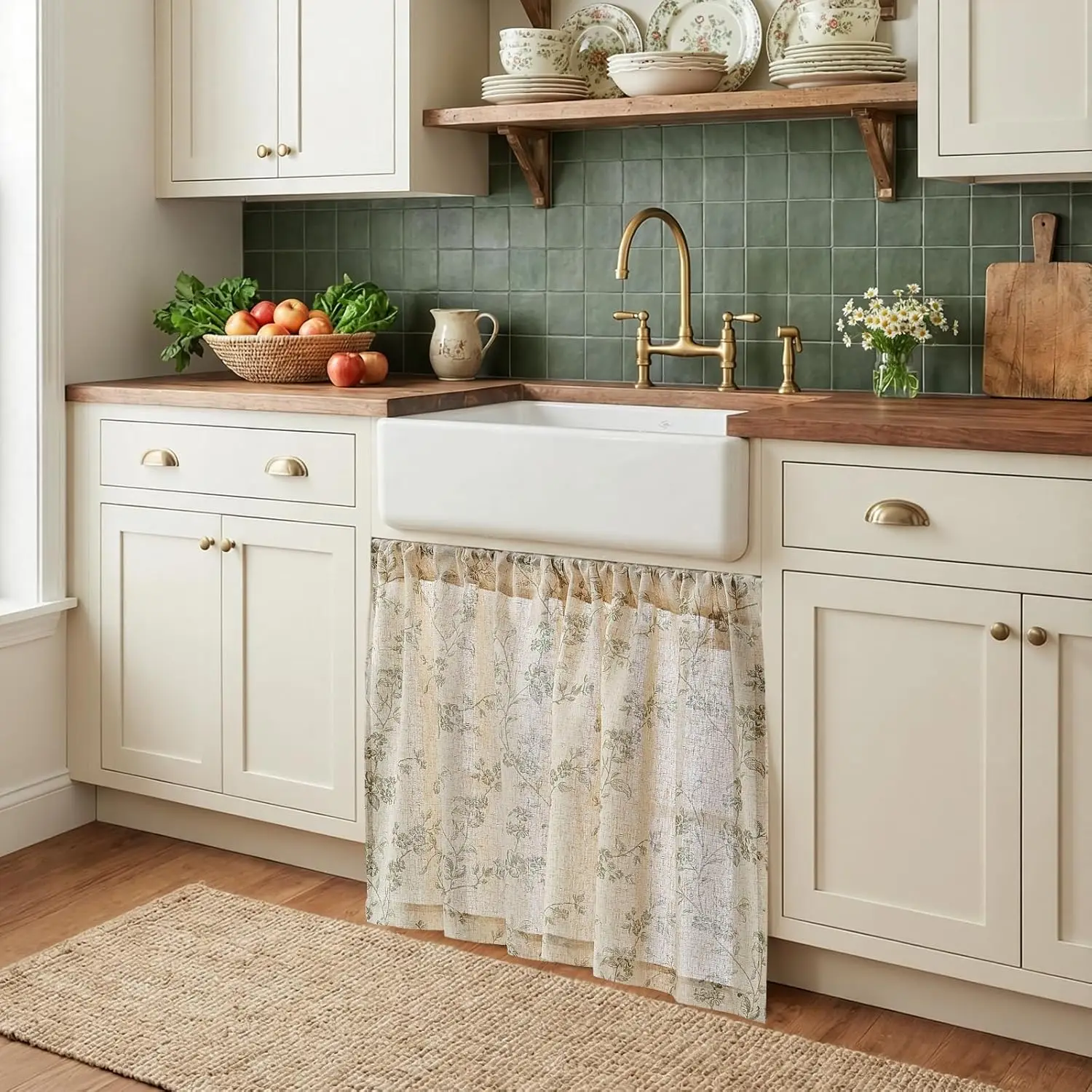 Floral Print Curtain Vintage Botanical Pattern for Kitchen Window Country Style Decor