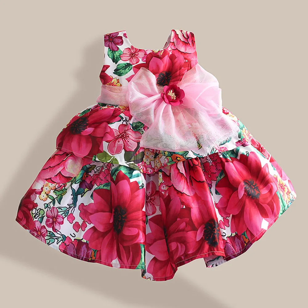 Super Bow Girls Dresses Fashion Silk Bow Rose Flower Print Sleeveless Girl Party Dress children clothing vestidos infantis 1-6T