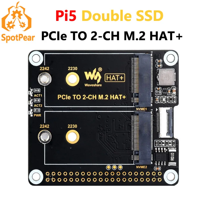 Raspberry Pi 5 PCIe to M.2 NVMe Dual SSD PCIe-TO-2-CH-M.2-HAT+ Board Pi5 Double(Support BOOT from NVME SSD