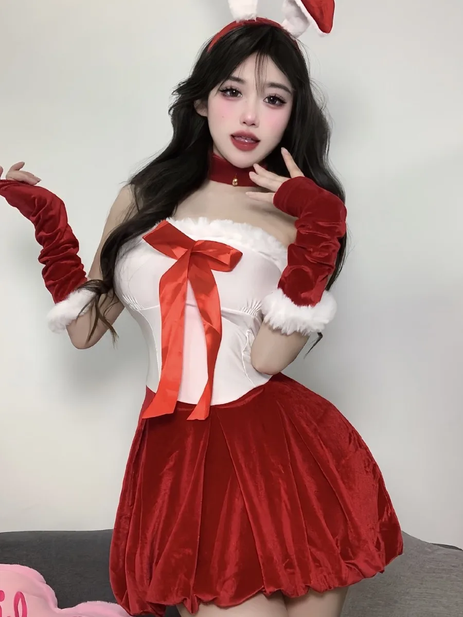 New White Red Splicing Plush Contrasting Color Bow Velvet Strapless Dress Spicy Girl Sexy Fluffy Dress Rabbit Girl Uniform V2XY