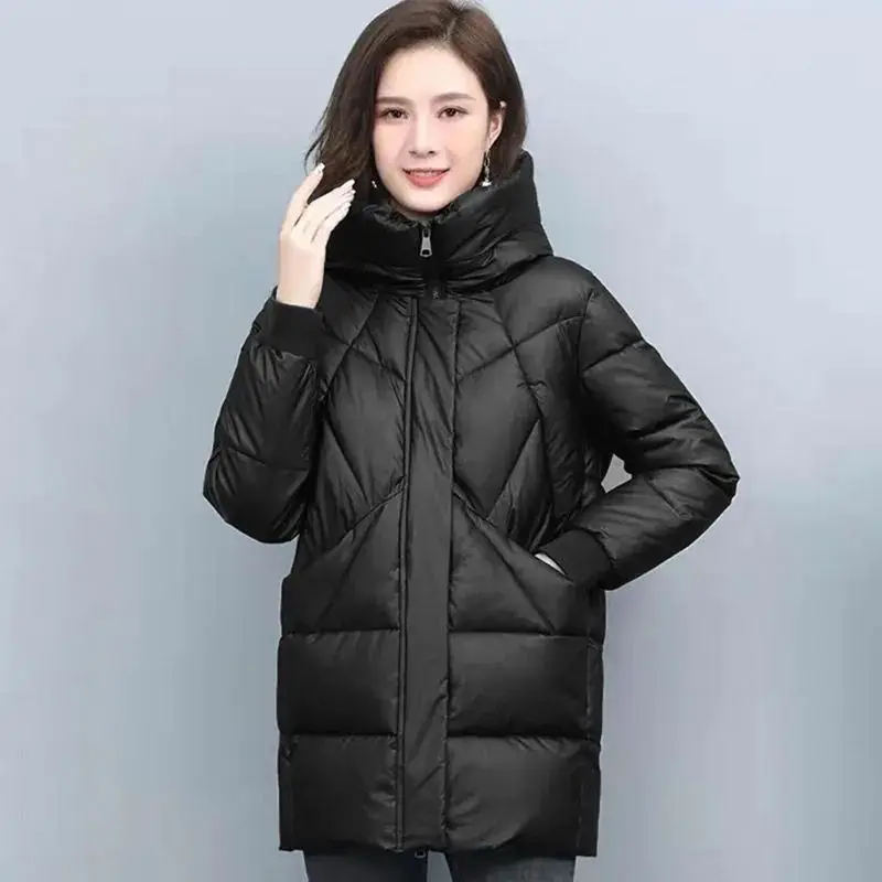 

Thicken Snow Parkas Winter Women's Warm Hooded Jacket Black Loose Long Coat Windproof Female Cotton Leather Overcoat