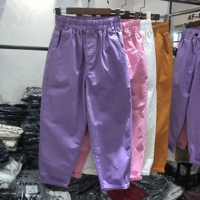 Korea Summer Purple Radish Pants for Women 2023 New Candy Color Elastic High Waist All-match Casual Harem Pants Ankle-length