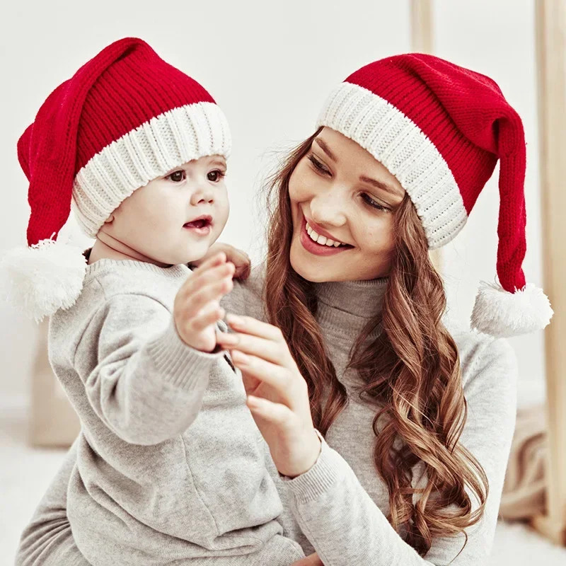 Parent-Child Christmas Hat Big Pompom Mother Kids Knit Beanie Cap Winter Warm Infant Bonnet Girls Boy Xmas Gift Baby Accessories