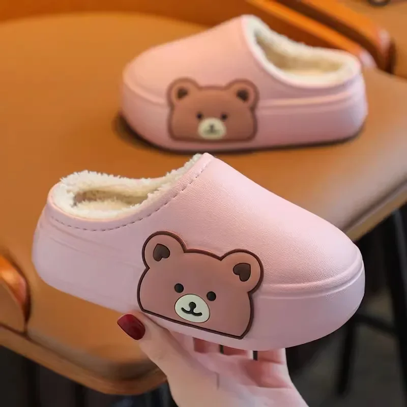 

Children's Cotton Slippers with Velvet Autumn and Winter Leather Surface Cotton Shoes New Waterproof and Anti Slip Thick Soled