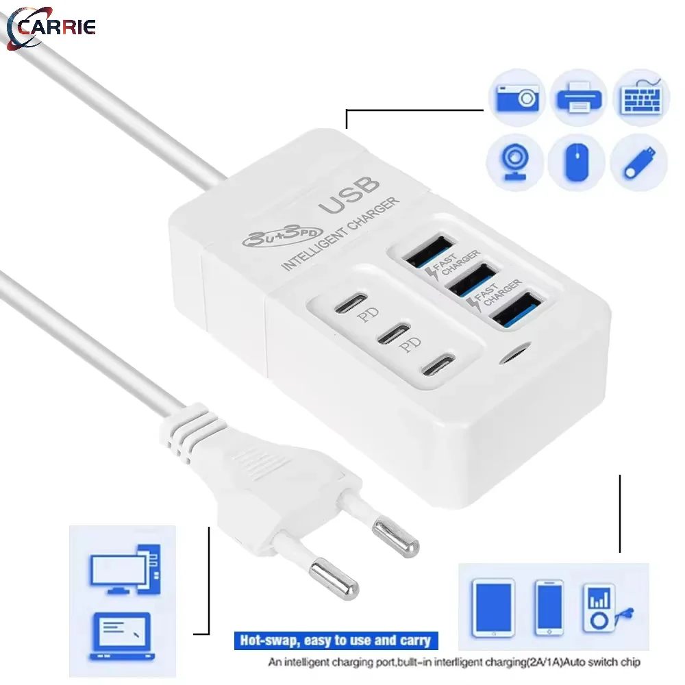 6 IN 1 USB Charger 35W PD Type C Fast Charge Charger Wall Phone Adapter Quick Charger 3.0 USB Hub EU US Plug USB Type C Charger