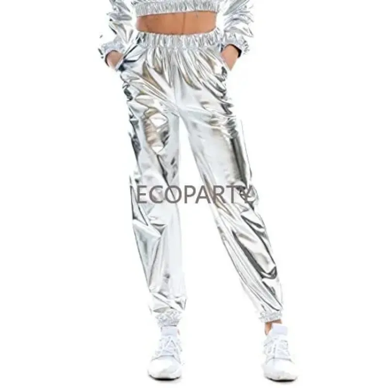 Fenyong-Pantalones metálicos brillantes para mujer, pantalón de chándal holográfico de discoteca para los años 70 y 80, disfraz de Halloween de Alien Space Cowgirl, ocio