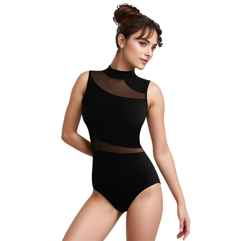 Leotardo de Ballet de danza con cuello simulado para mujer, camisetas sin mangas para adultos, camisetas sin mangas para baile y gimnasia, Ropa de baile con espalda hueca grande, empalme de malla