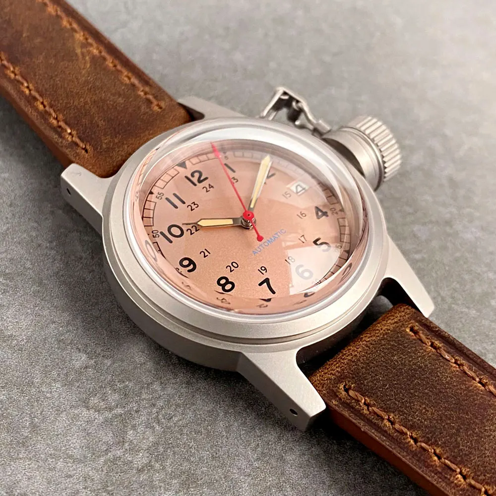 Reloj rosa de 36mm con corona grande luminoso NH35 automático para hombre y mujer, reloj de pulsera resistente al agua de 200m, correa de cuero con cristal de zafiro abovedado