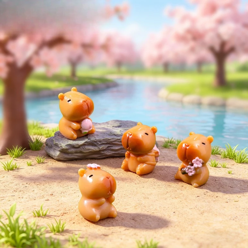 5pcs Raincoat Capybara Figure Cherry Blossom Capybara Mini Figurines Desktop Decoration Model Ornaments Desk Decor Accessories