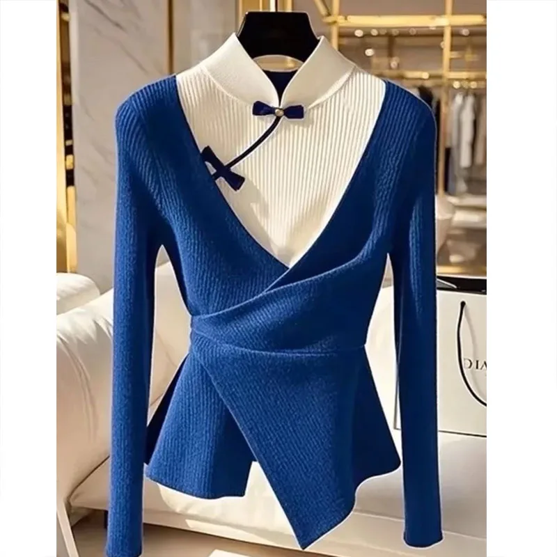 Autumn Winter New Vintage Chic Button Pullovers Fashion Fake Two Pieces Knitted Jumper Women Temperament Elegant Bow Sweaters