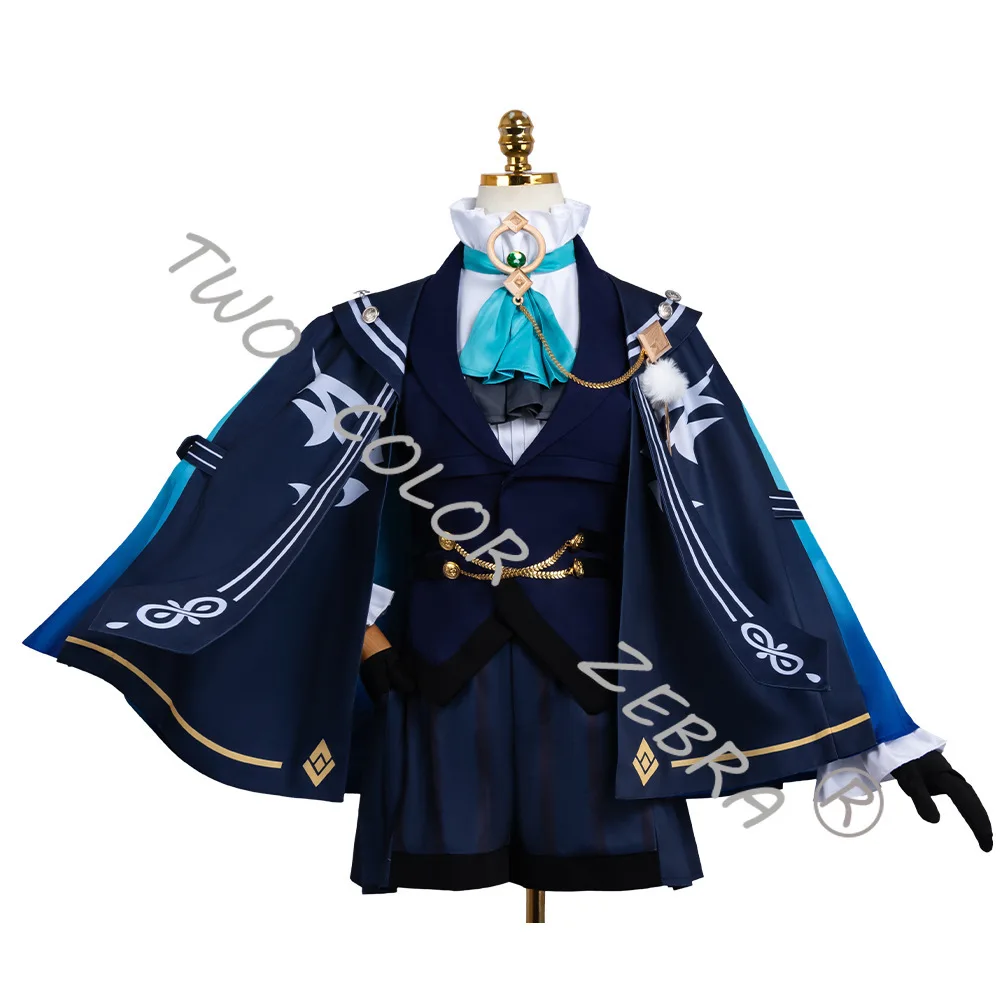 FES Wanderer Balladeer Cosplay Costume Genshin Impact Navy Blue Printed Short Cape Waistcoat Shirt Bow Tie Striped Shorts Gloves - view 4