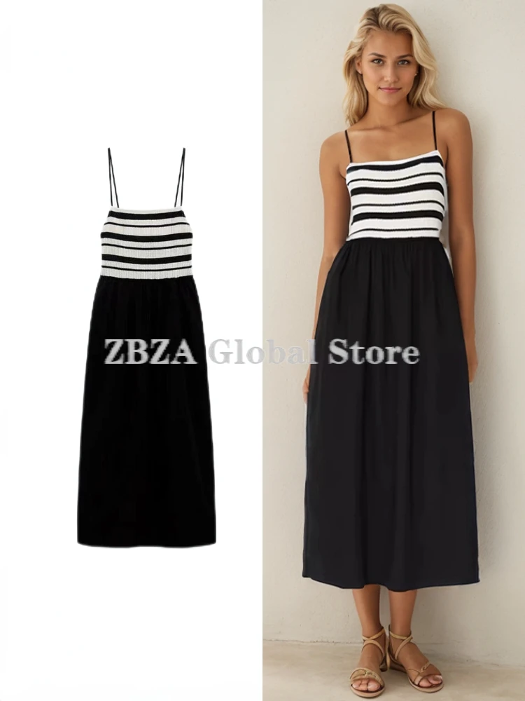 ZBZA Damska patchworkowa sukienka z dzianiny slim fit szelki casual bez rękawów średniej długości z wysokim stanem linia a Elegancka spódnica lato