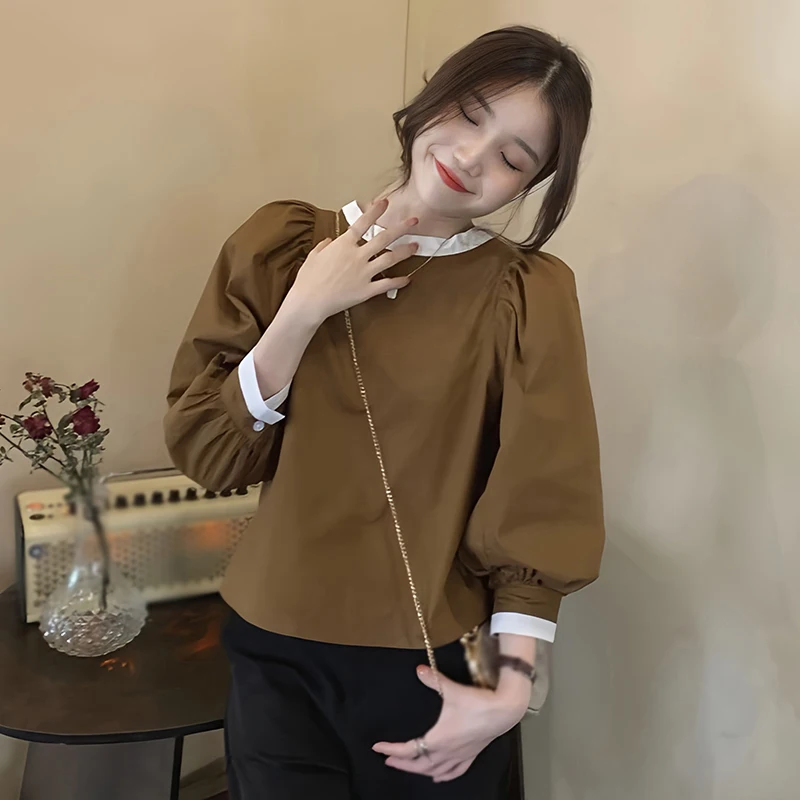 Women Blouse Korean Version Round Neck Contrasting Lace-up Loose Fashion Bubble Long Sleeve Shirt