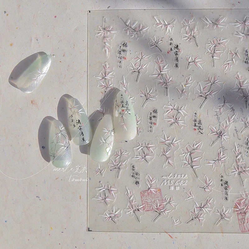 Delicate Chinese Ink Wash Style Pink White Bamboo Leaf Jade Snake Butterfly Flower Painting Willow Nail Sticker Manicure Decal