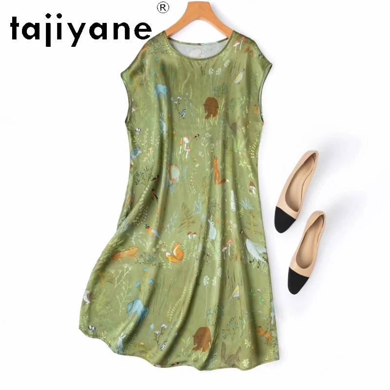 

TAJIYANE 100% шелковые футболки из тутового шелкопряда для женщин, зеленая атласная футболка средней длины, свободные летние топы 2026, женская одежда, футболка