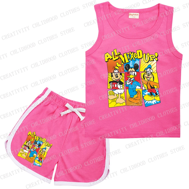 Fato esportivo sem mangas Disney para crianças, Mickey Mouse, colete e shorts Minnie Kids, roupas de desenhos animados casuais, conjuntos menino e menina, verão