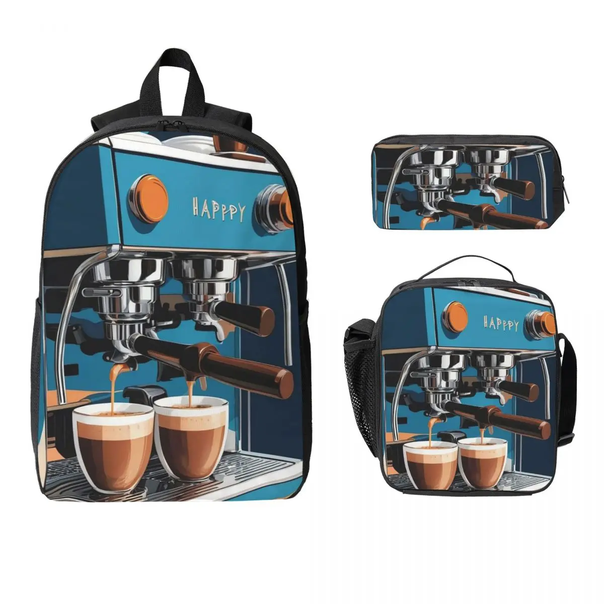Coffee Machine And Espresso Bar Backpack Student BookBag School Bag Computer Shoulder Bags 3ps Insulated Lunch Bag Pencil Case