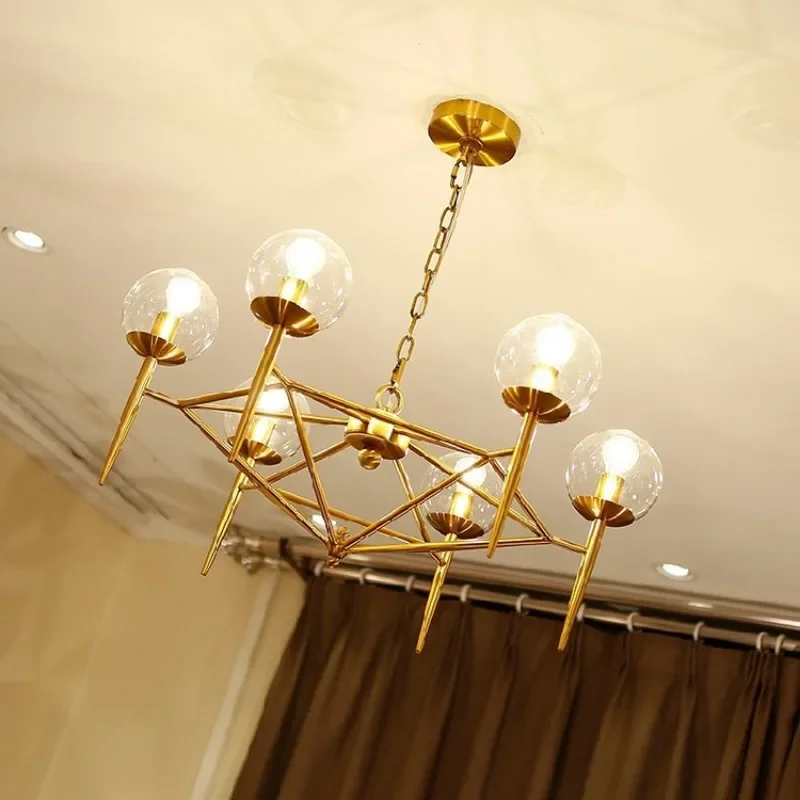 Nordic Living Room Glass Ball Overall Gold Magic Bean Chandelier Post-modern Simple American Wrought Iron Lamps