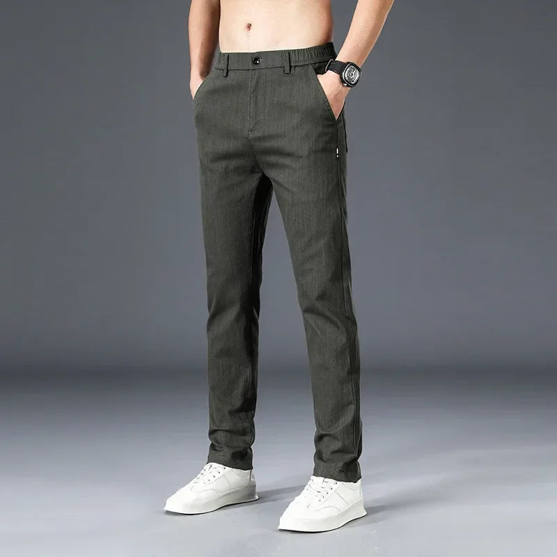 模造牛パンツ男性春と秋のトレンドストレートレッグパンツビジネスカジュアルパンツ男性成人紳士快適なルーズ
