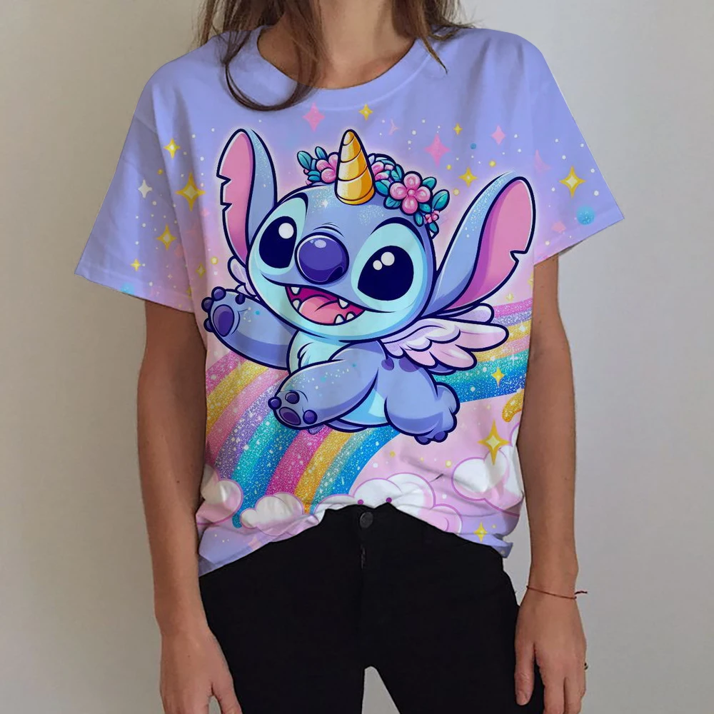 كارتون لطيف ليلو غرزة المرأة تي شيرت Kawaii الجرافيك قصيرة الأكمام تي شيرت 2025 الصيف الشارع الشهير طباعة Y2k الملابس القمم #4