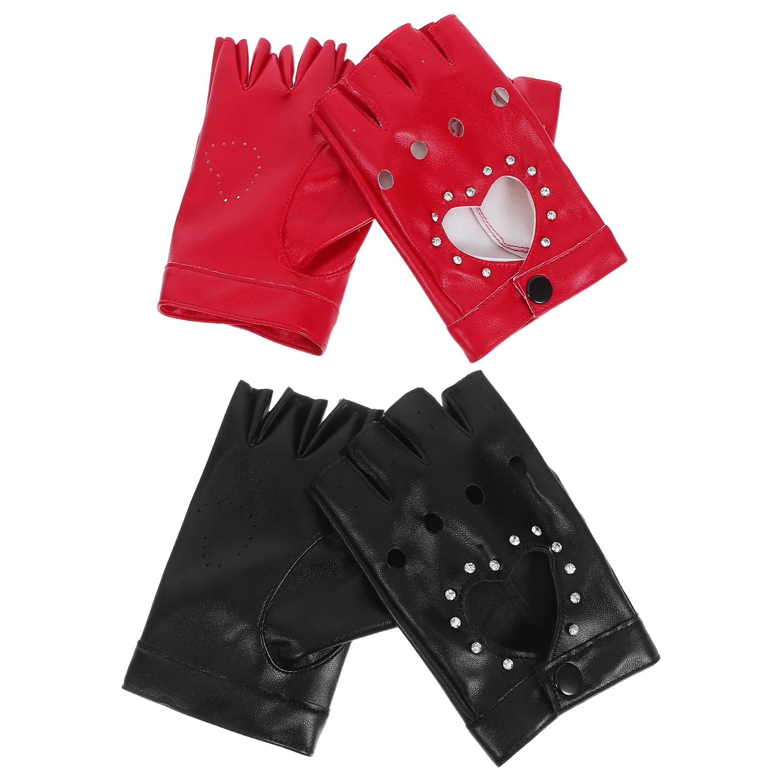 

2Pairs Fingerless Gloves Glittery Heart Cutout Punk Style Half-Finger PU Costume Gloves Halloween Party Dance