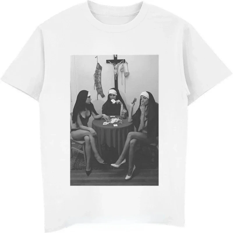 Sexy Nun Graphic T Shirts Women Man Tees Fashion Trend Tops Casual Street Nude Print Women Oversized Exciting Clothing Unisex