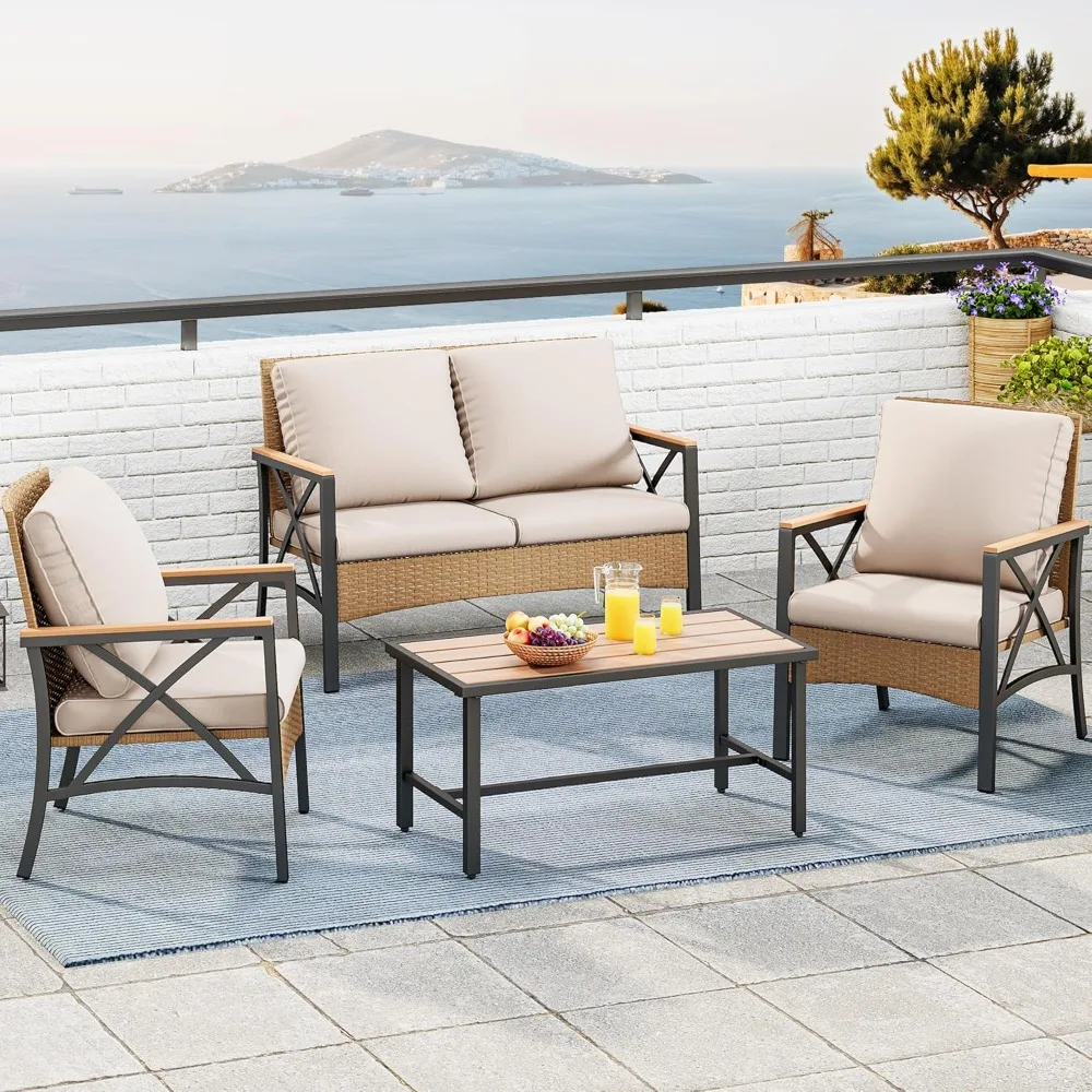 4-Piece Patio Wicker Furniture Set with Wood Armrest, All Weather Rattan Conversation Furniture Sets for Backyard