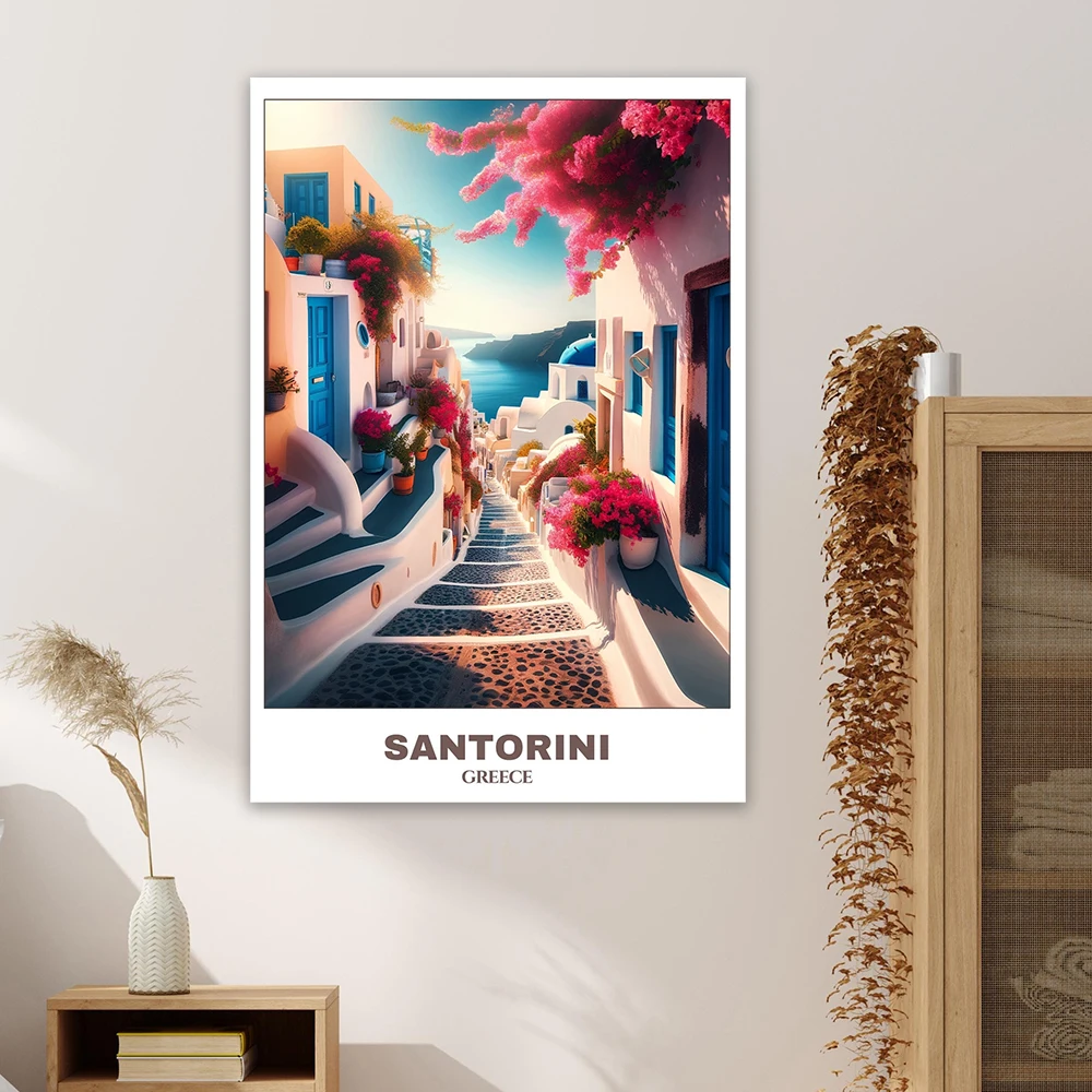 Santorini Travel Print Poster Greece Travel Poster Cityscape Canvas Painting Santorini Trip Cartoon Landscape Prints Bedroom Art