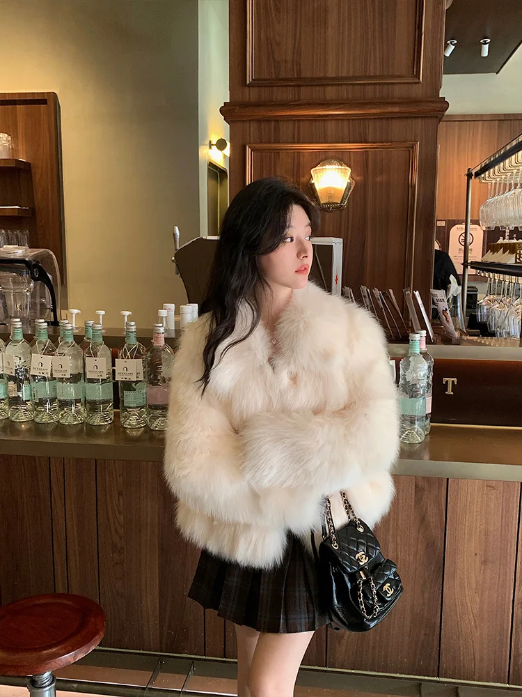 Women Faux Fox Fur Coats Solid Short Jackets Long Sleeves Turn Down Collar Open Stitch Loose Elegant Casual 2026 Autumn Winter
