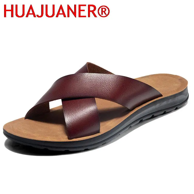 Italian Leather Slippers For Men Summer Hotel Beach Summer Shoes High Quality Big Size 38-47 Slip On Light Flats Male Flip Flops