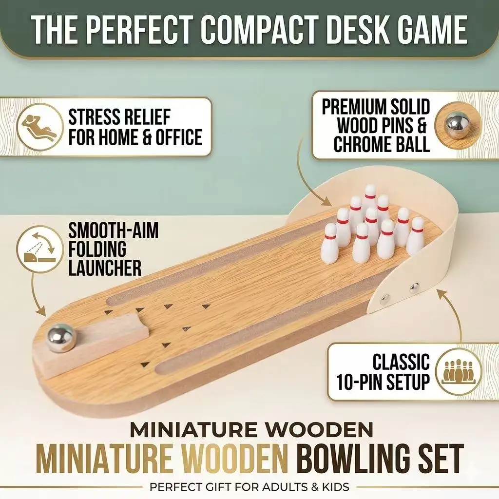 

Компактная настольная игра в боулинг - деревянная мини-аркадная дорожка для боулинга для снятия стресса на работе, идеальный забавный подарок на праздник