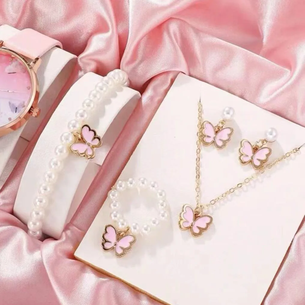 

Children's Jewelry Set Oil Drop Butterfly Charm Pearl Bracelet Earrings Necklace Jewelry Women