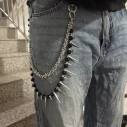 Original handmade denim pants chain, exquisite high-end ultra bright black agate stone punk style keychain pendant