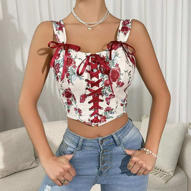 Fashion Floral Graphic New Tank Top with Strap Trendy Elegant Chic 2000s Women Slim Fit Crop Top Female Casual Office Clothing