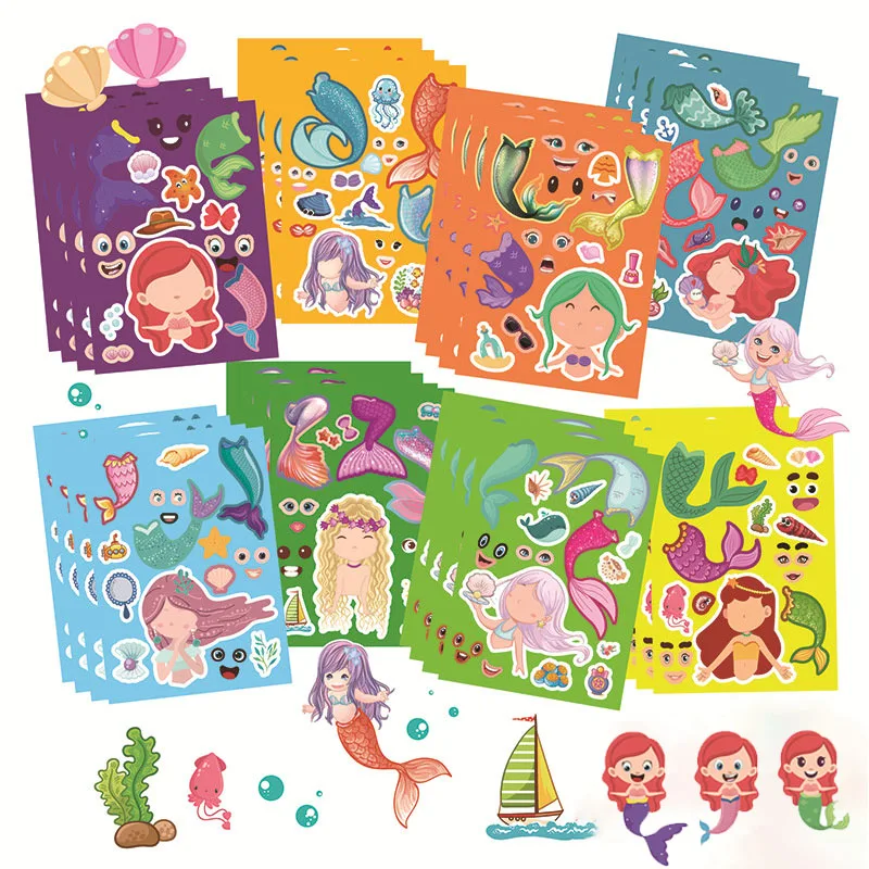 4-36sheets Make Your Own Stickers for Kids with 8 Designs DIY Make A Mermaid Face Stickers Children Party Games Puzzle Toys Gift