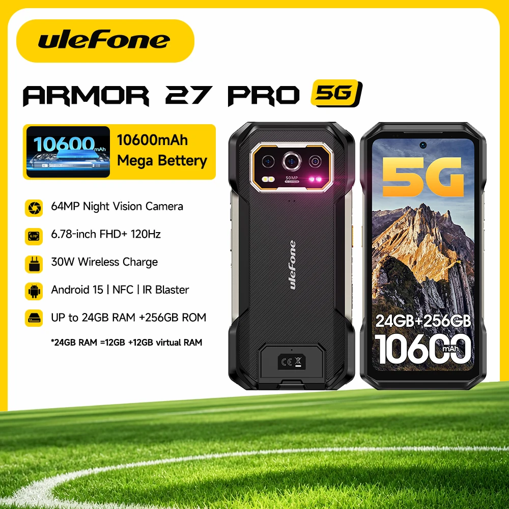 Ulefone Armor 27 Pro 5G Rugged Phone 10600mAh Smartphone 50MP Camera 64MP Night Android 15 Up to 24GB+256GB NFC Waterproof Phone