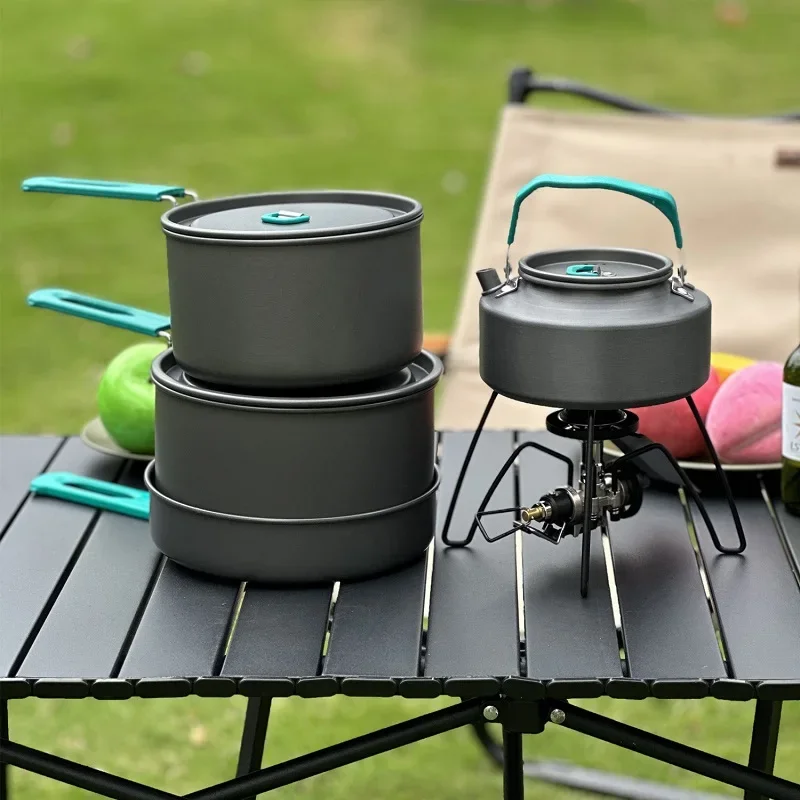 Outdoor Cooking Set Portable Picnic Pot 4-5 People Camping Folding Pot Set Kitchenware Teapot Pot Set Multifunctional Cooking