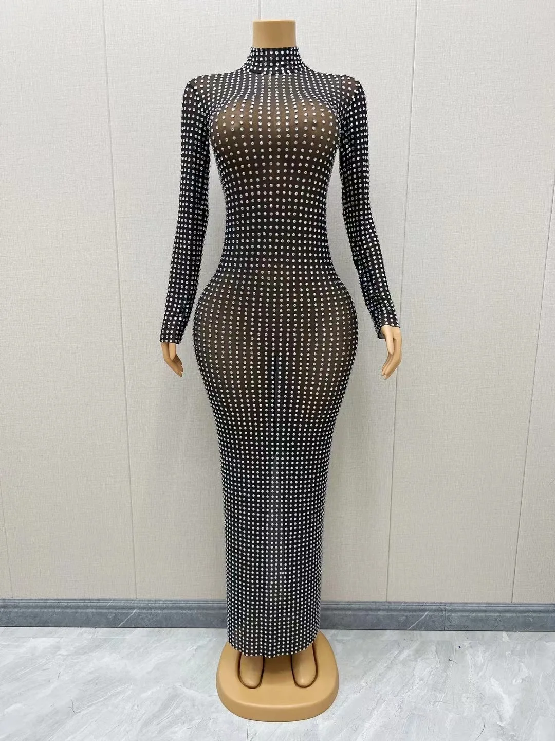 

Silver Rhinestones Long Sleevees Green MeshTransparent Dress Sexy Stretch Outfit DanceStage See Through Full Stones Costume C081