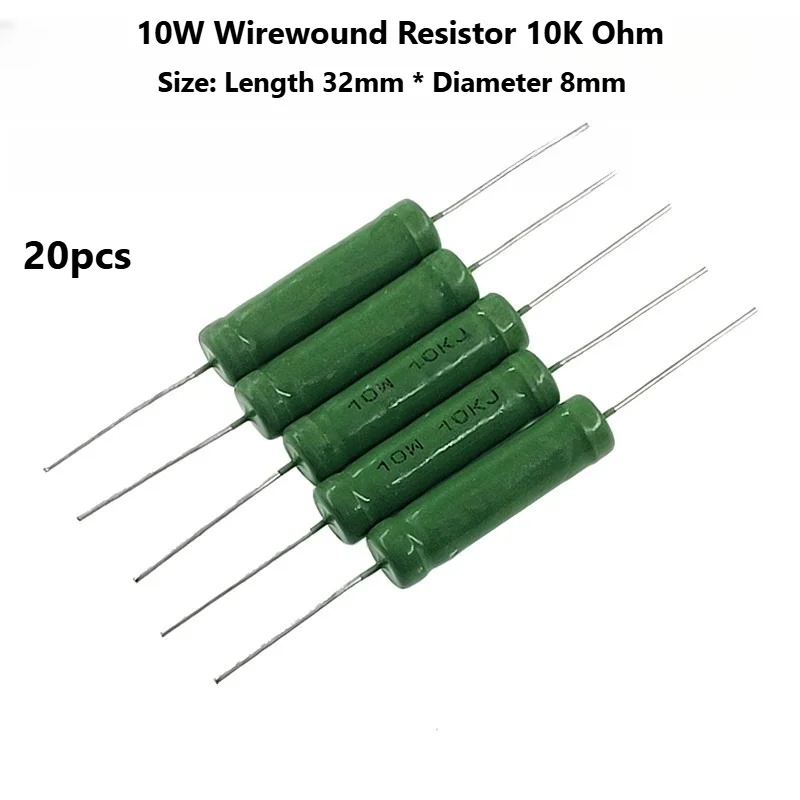 10W Epoxy Coated Wirewound Power Resistor 10K Ohm 8x32mm Axial Lead Resistor 20Pcs for DIY Electronic Project