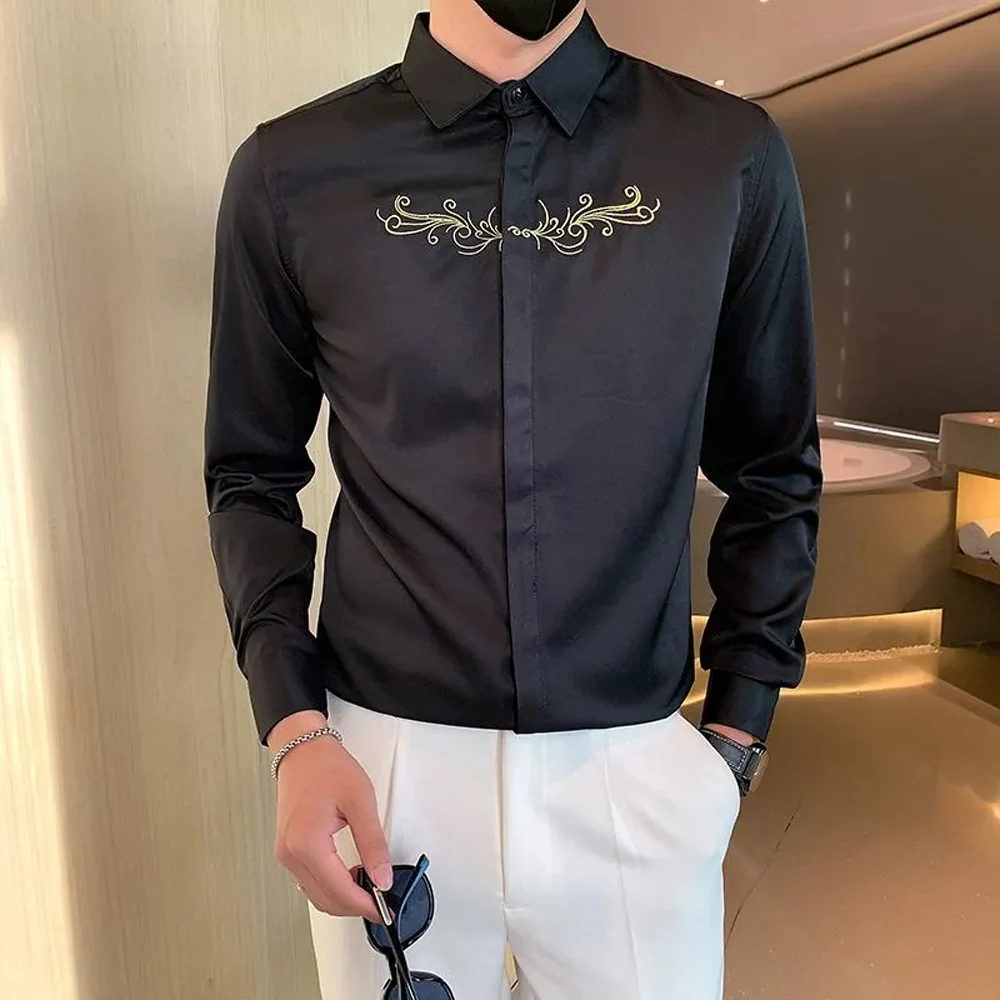

Men's Luxury Embroidered Dress Shirt Slim Fit Long Sleeve Business Casual Formal Party Button Up Shirt 2026 New