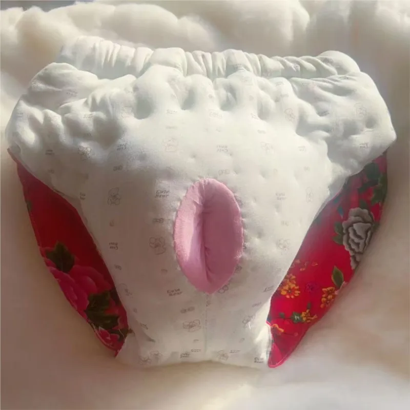 Plus Size Men's Sexy Red Floral Cotton Soft Briefs Thickening Fill Cotton Puffy Warm Panties Handmade Cosplay Party Underwear