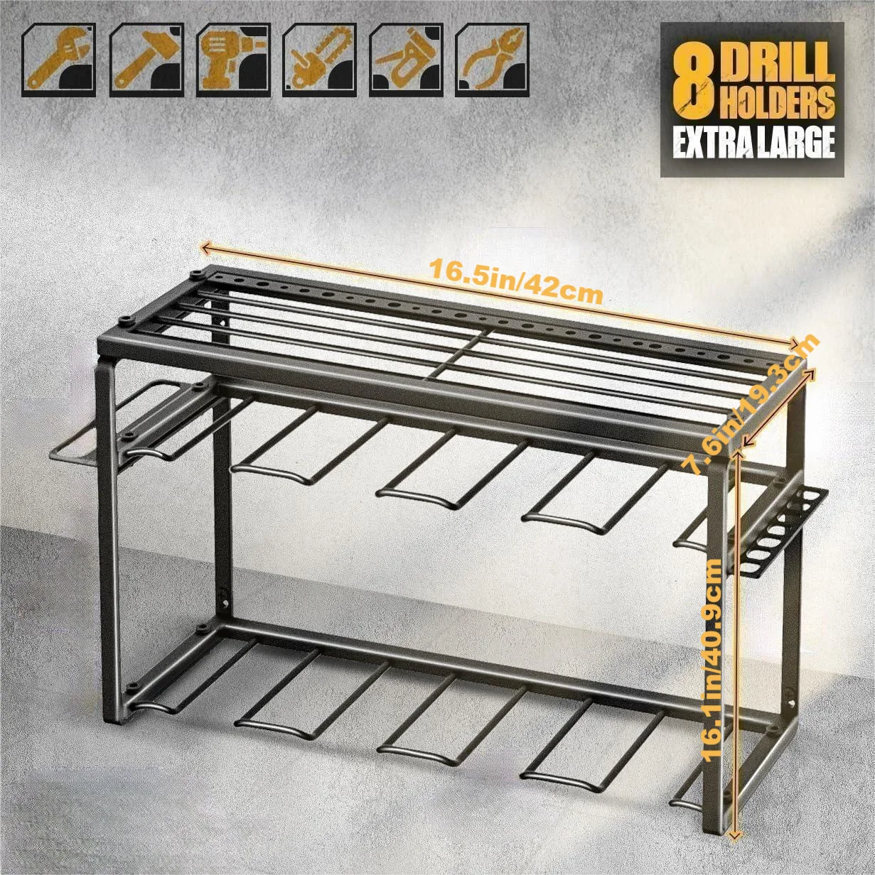 Metal Heavy Duty Organizers and Storage Tool Shelf with 8 Drill Holders Wall Mount 3 Layers Garage Power Tool Organizer