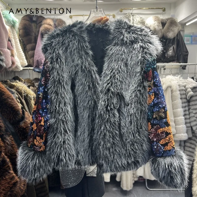 Comfortable Elegant Soft Warm Faux Fur Jacket 2025 Winter Jacket Heavy Industry Colorful Sequin Y2k Furry Coat Outerwear Ladies