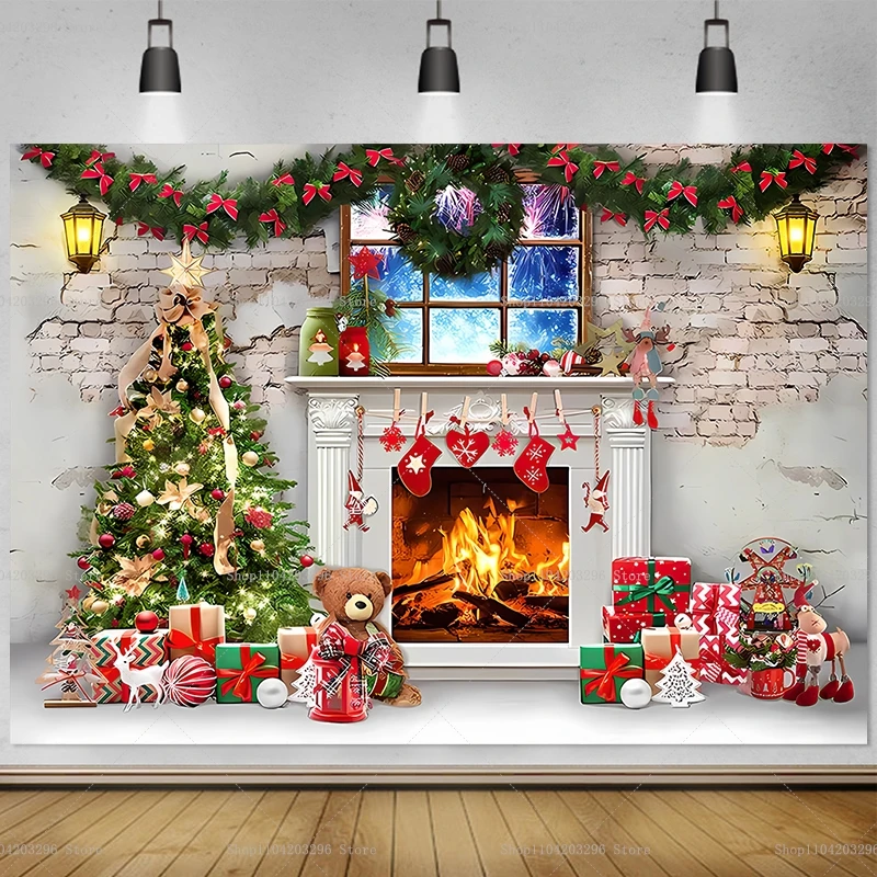Winter Clothing Photo - Christmas Tree Party Backdrop Fireplace Window