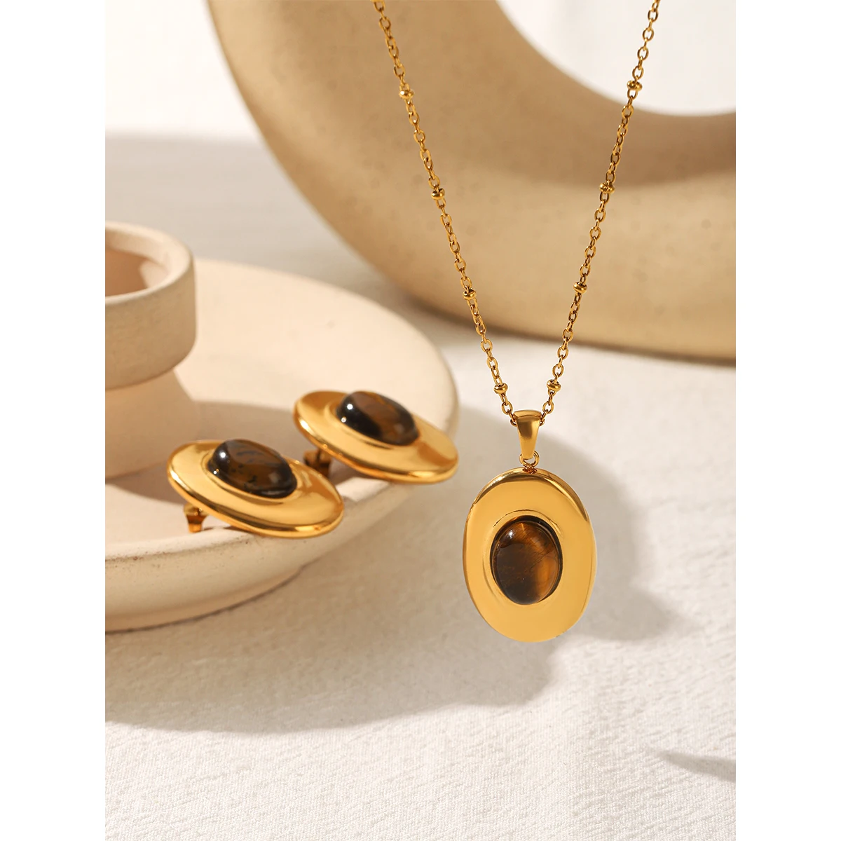 

NovaWay Gold Plated Stainless Steel Tiger's Eye Jewelry Set Hypoallergenic Waterproof No Tarnish Durable for Women Office Wear