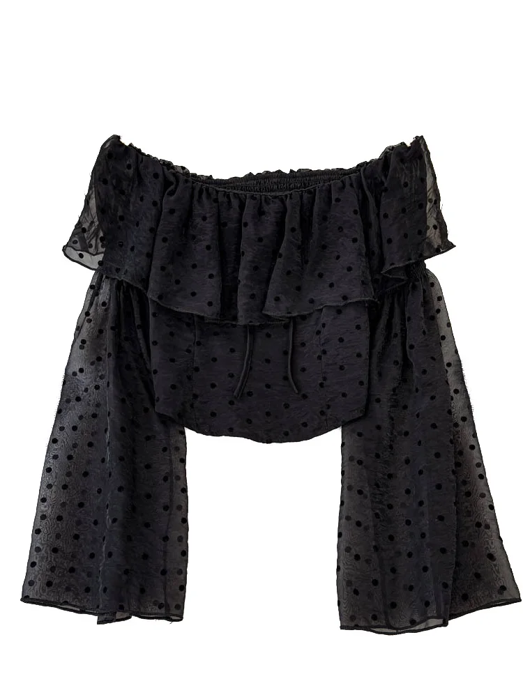 女性用 オフショルダー バケーション ブラウス 春 水玉模様 フラウンス スリーブ デザイン トップス ルーズ オールマッチ 通勤 長袖